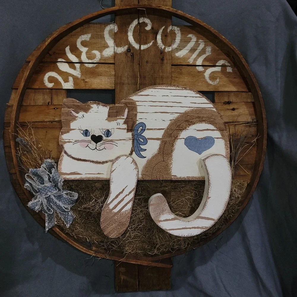 Vintage Handmade Wooden Crate Welcome Sign Cat Kitten Cottagecore Farmhouse